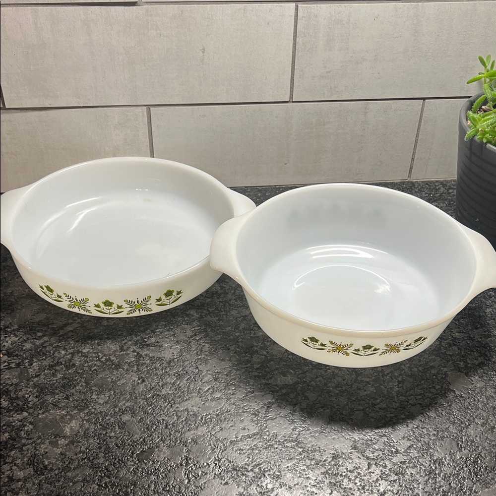 Vintage Fire King Meadow Green Floral Casserole Dishes. Exc like new condition